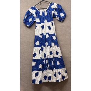 Tropicana Hawaii Dress Womens 10 Blue White Maxi Puff Sleeve Vintage